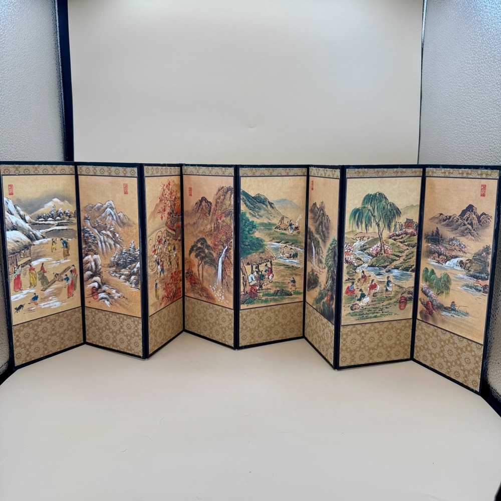 VTG Korean 8 Panel Folding Screen Danwon Kim Hong-do Miniature Byungpoong Art